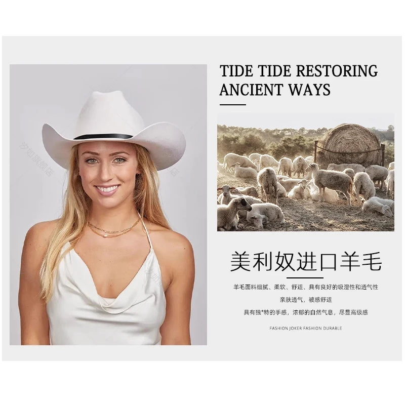 Western-style cowboy hat, 100% wool, square brim, for country music.
