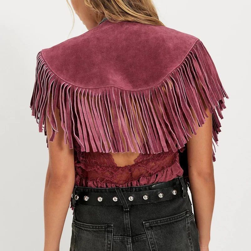 Women's suede vest with fringe.