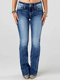 Women's jeans with embroidered pockets, distressed effect, mid-rise waist, slim fit, vintage style.