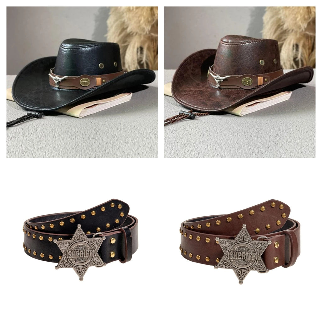 Set of 2 vintage western style cowboy hats with Y2K punk star-shaped buckle.
