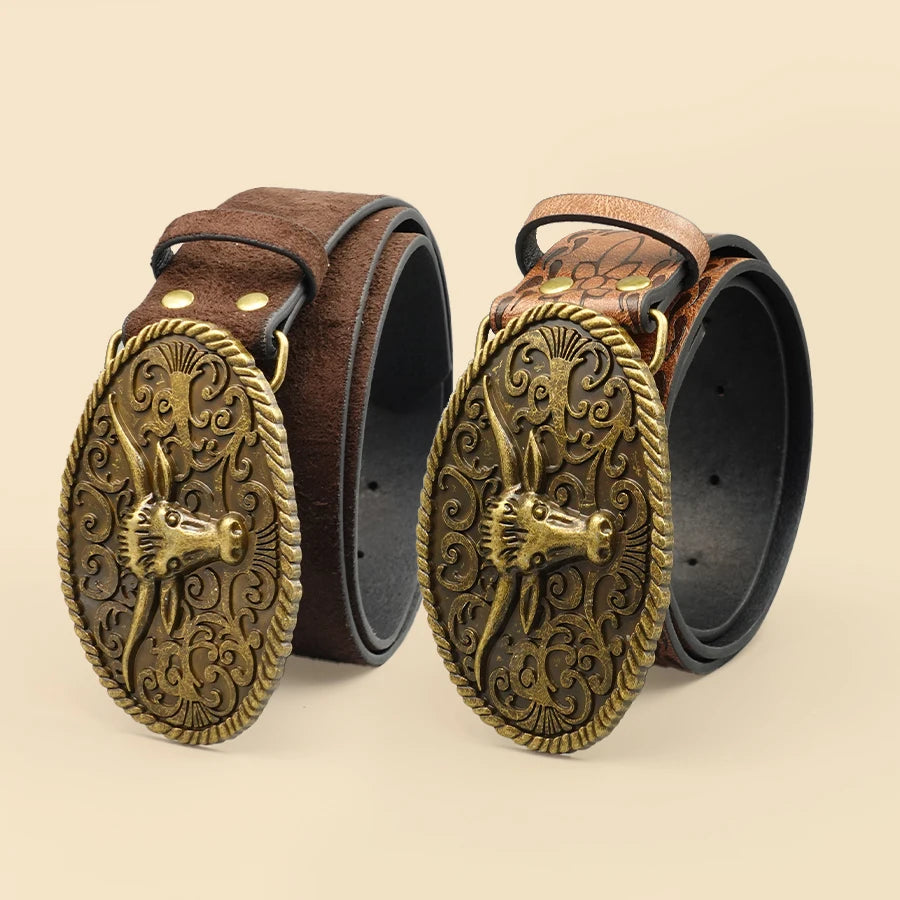 Casual retro Western-style belt with aged metal alloy bullhead buckle.