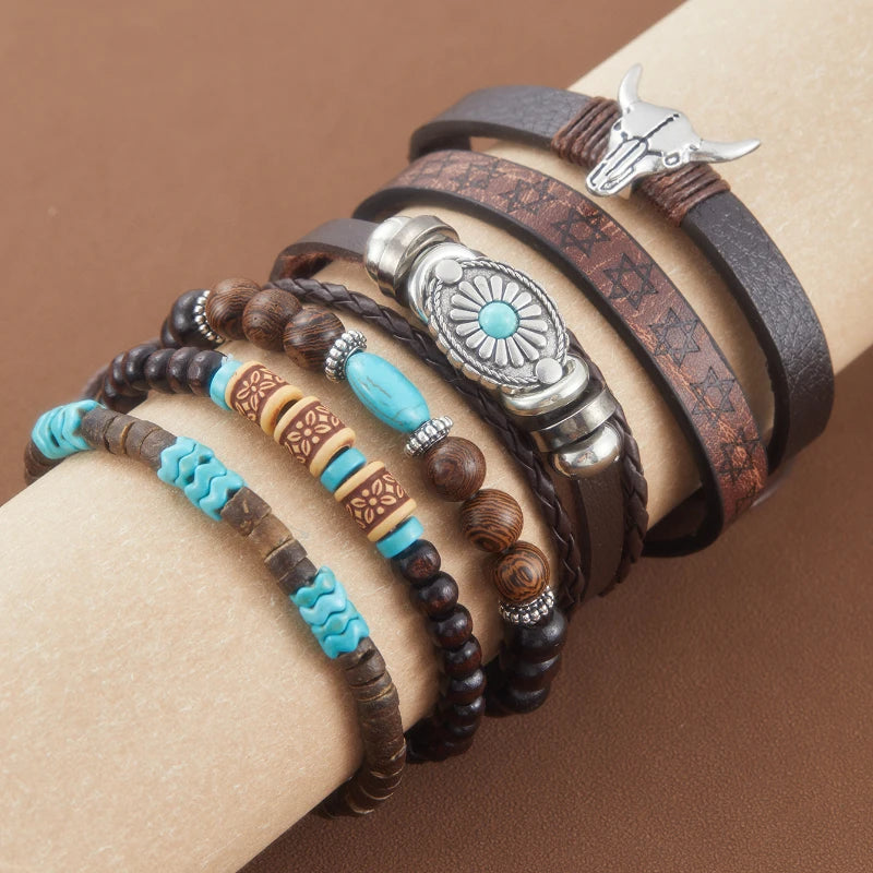 6pcs/Set Retro Western Cowboy Style Beaded Bracelets Bohemia Men Bracelets Women Jewelry