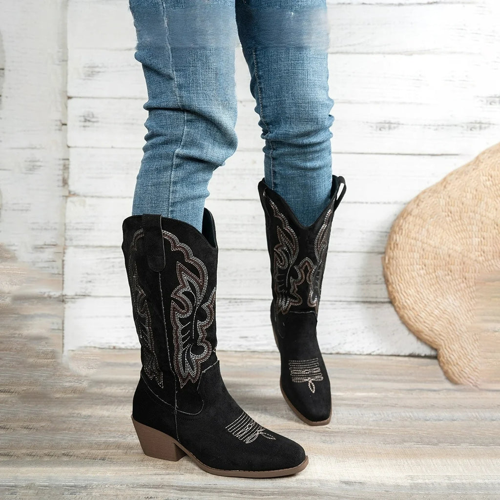 Embroidered western-style cowboy boots, high-top boots with a pointed toe and chunky heel.