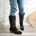 Embroidered western-style cowboy boots, high-top boots with a pointed toe and chunky heel.