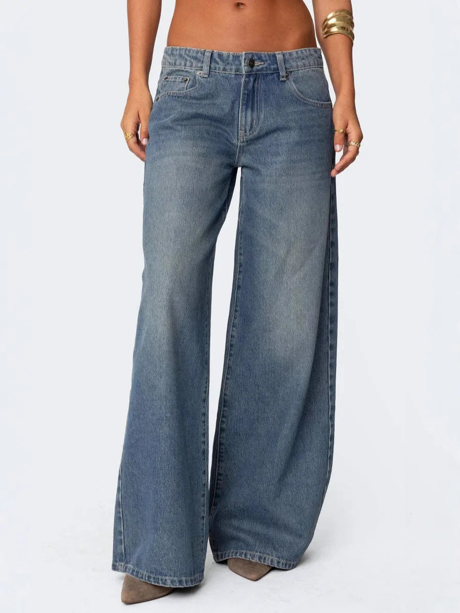Women's wide-leg printed jeans, straight cut.