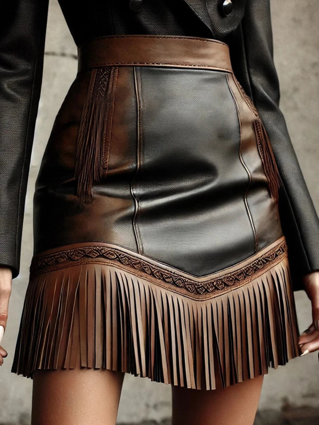 Vintage Western-style mini skirt with fringed hem, fashionable women's skirt in faux leather.