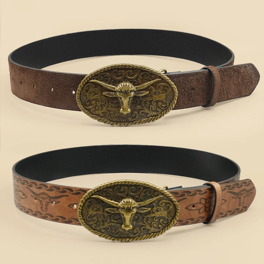 Casual retro Western-style belt with aged metal alloy bullhead buckle.