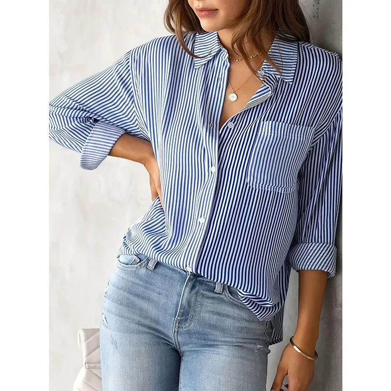 Women's classic blue striped shirt, vintage streetwear style, long sleeves, casual, loose fit, single button fastening.