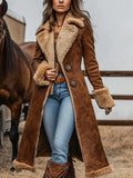 Women's vintage brown western-style denim jacket with plush lining.