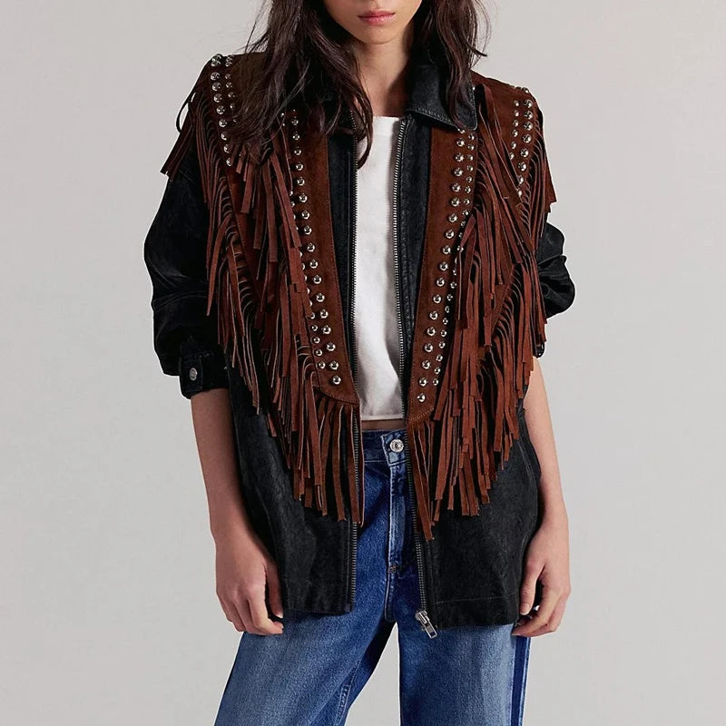 Women's Y2k Vintage Studded Suede Vest Coat 70s Hippie Outfits Sleeveless Open Front Tassel Patchwork Vest Collar