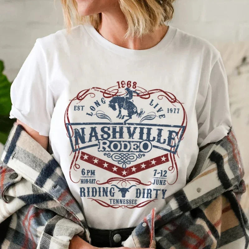 Women's vintage country-style t-shirt with a Nashville rodeo print.