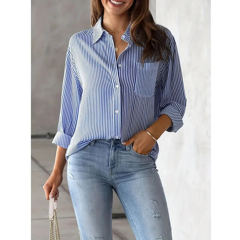 Women's classic blue striped shirt, vintage streetwear style, long sleeves, casual, loose fit, single button fastening.