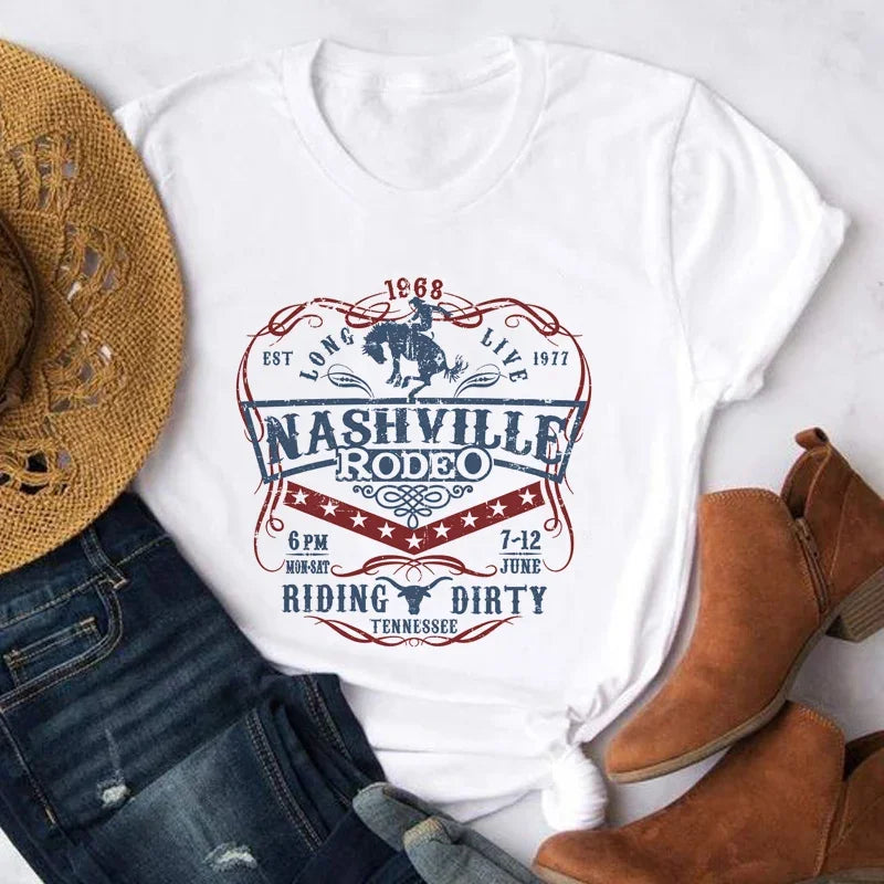 Women's vintage country-style t-shirt with a Nashville rodeo print.