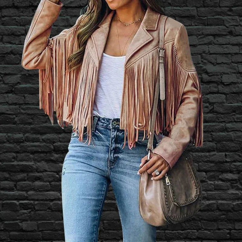 Women's casual cropped jacket with fringe.