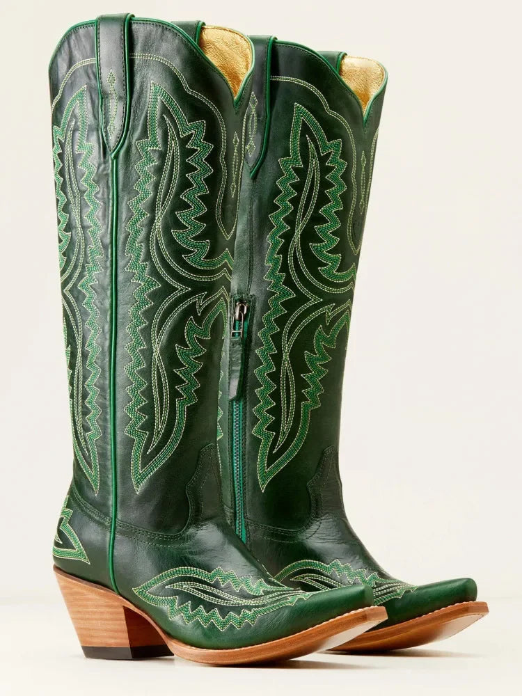 Women's mid-calf boots with pointed toe and chunky high heel, embroidered, in a Western cowboy style, for autumn and winter.