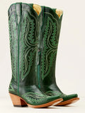 Women's mid-calf boots with pointed toe and chunky high heel, embroidered, in a Western cowboy style, for autumn and winter.
