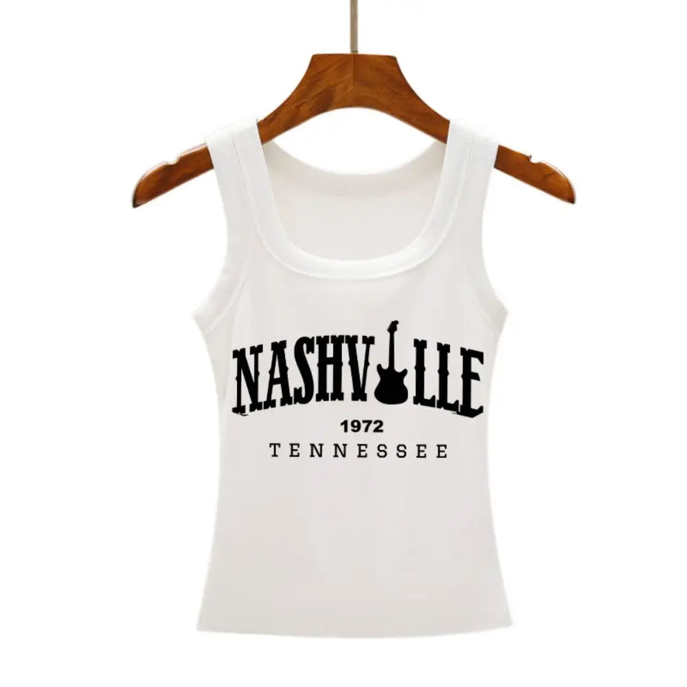 Women's summer sleeveless tank top with Nashville, Tennessee lettering print.
