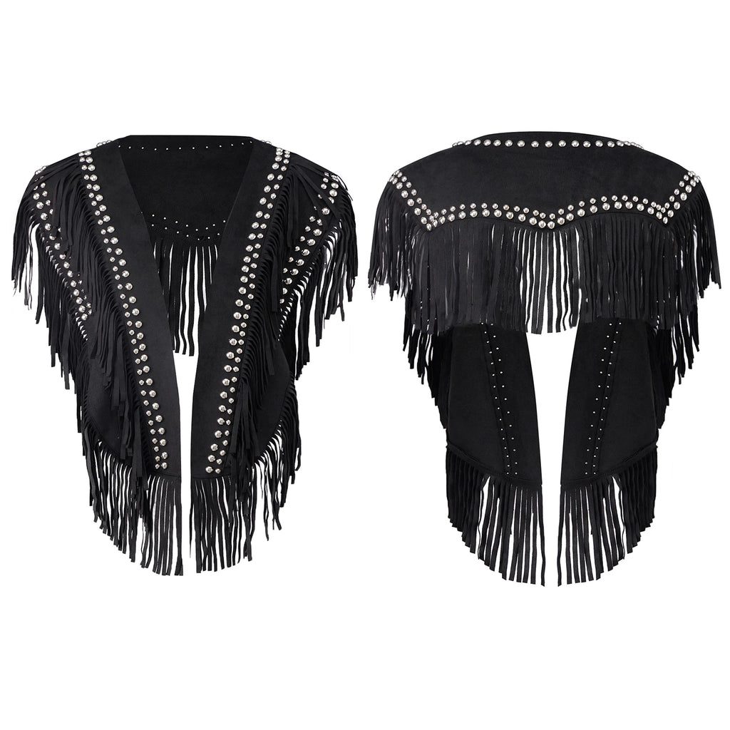 Women's Y2k Vintage Studded Suede Vest Coat 70s Hippie Outfits Sleeveless Open Front Tassel Patchwork Vest Collar