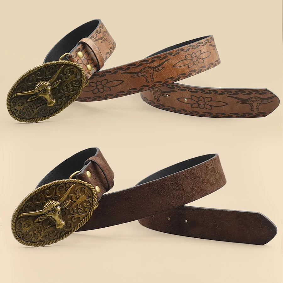Casual retro Western-style belt with aged metal alloy bullhead buckle.