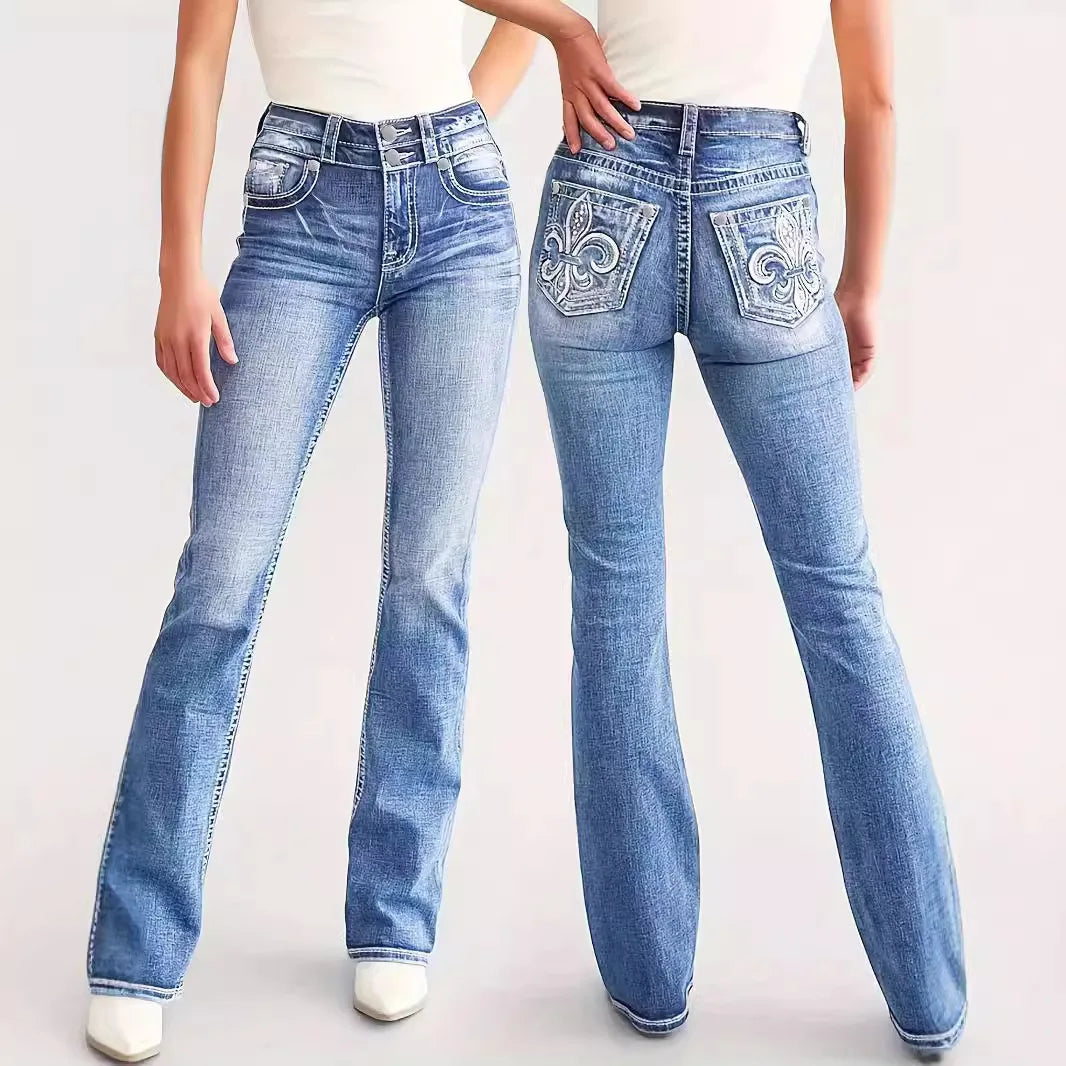 Women's straight-leg jeans, high-waisted, vintage style.