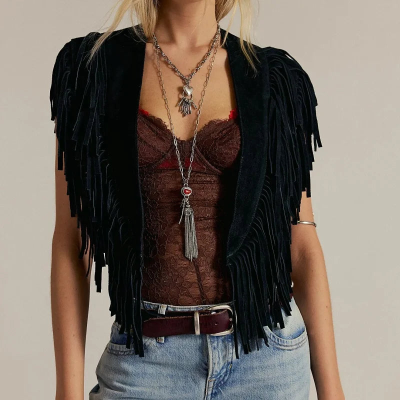 Women's suede vest with fringe.