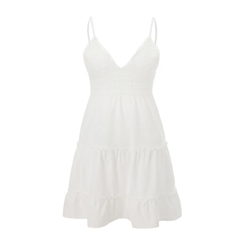 Summer Spaghetti Strap Dress Women Boho Embroidery Waisted Short Dresses Ladies A Line Backless Ruffled Lace Up Sling Dress