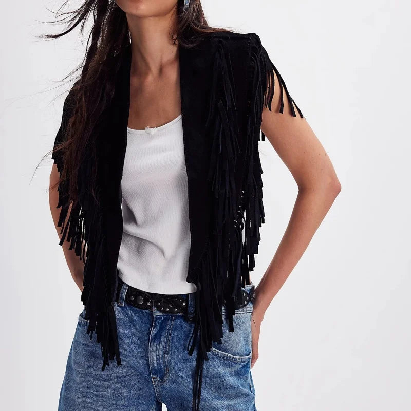 Women's suede vest with fringe.