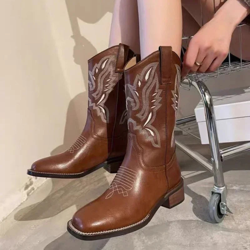 Women's retro mid-calf boots with a square toe and chunky heel.