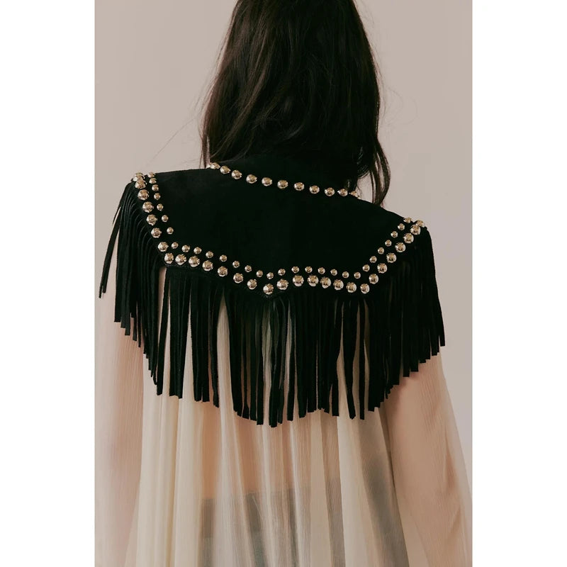 Women's Y2k Vintage Studded Suede Vest Coat 70s Hippie Outfits Sleeveless Open Front Tassel Patchwork Vest Collar
