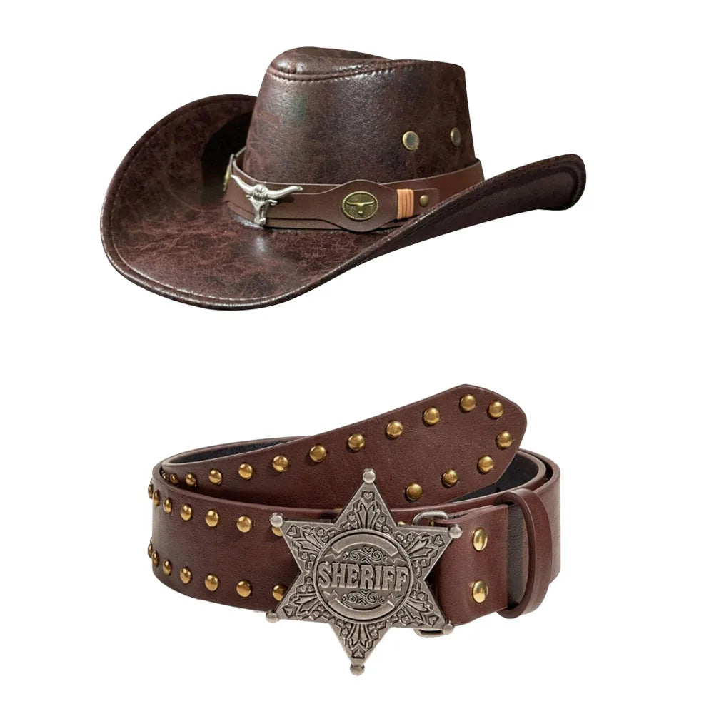 Set of 2 vintage western style cowboy hats with Y2K punk star-shaped buckle.