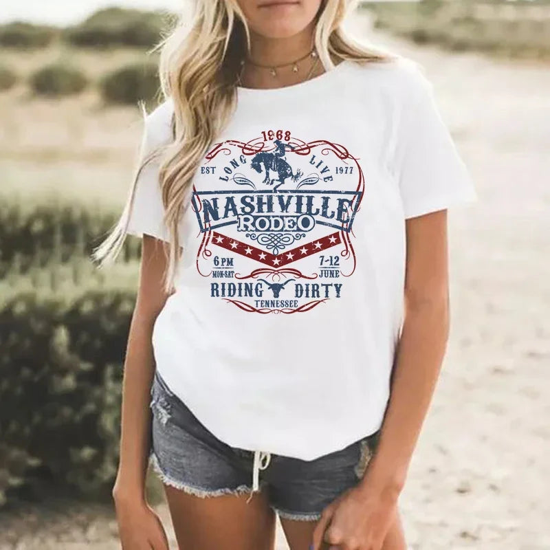 Women's vintage country-style t-shirt with a Nashville rodeo print.