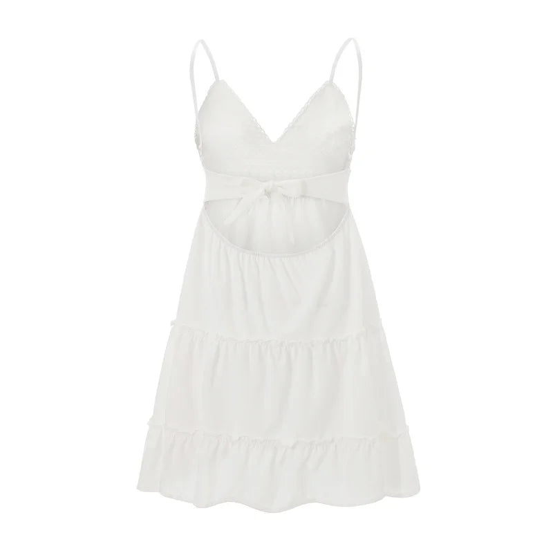 Summer Spaghetti Strap Dress Women Boho Embroidery Waisted Short Dresses Ladies A Line Backless Ruffled Lace Up Sling Dress