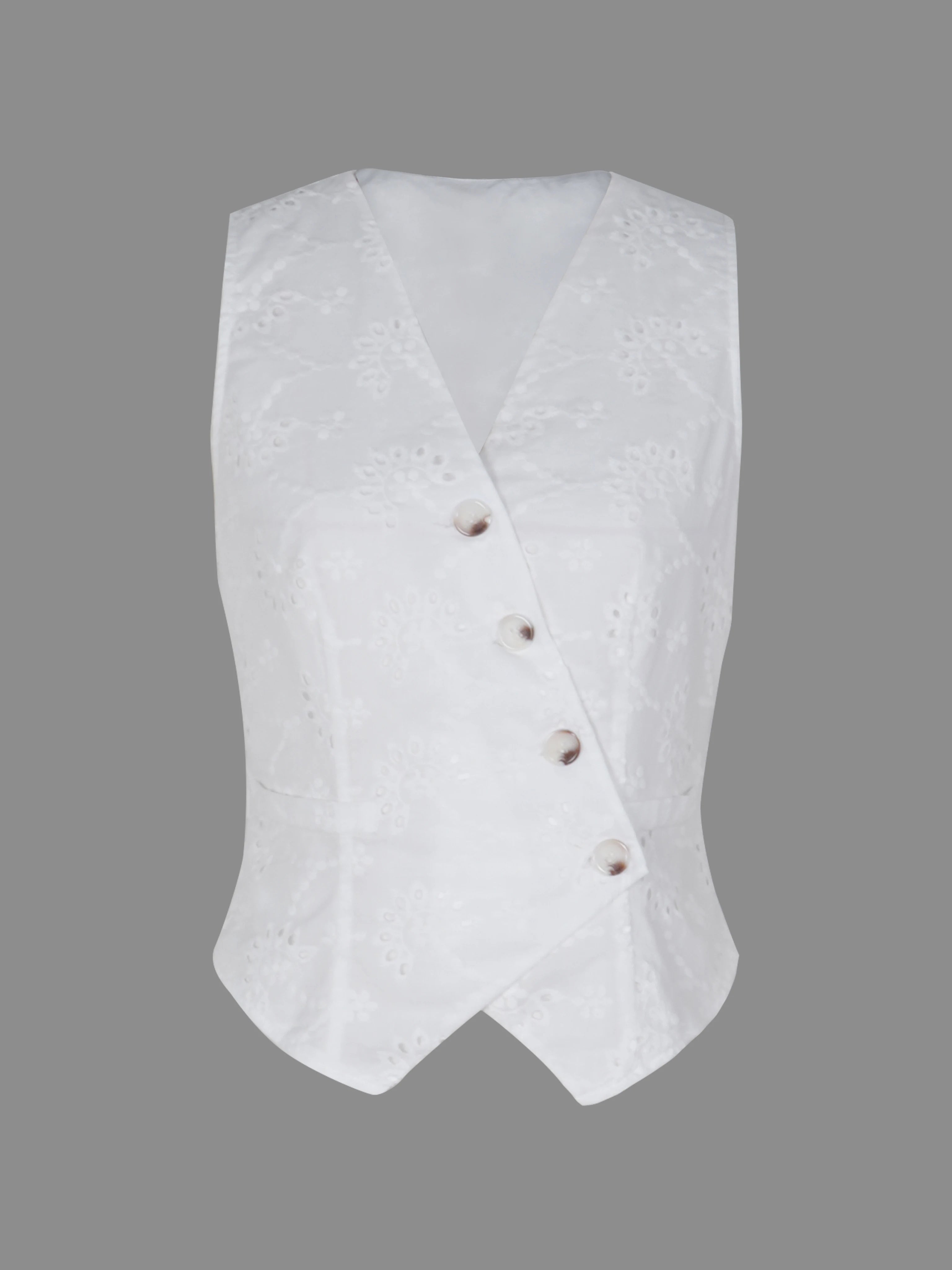 Women's sleeveless blouse with a V-neck, English embroidery, fitted silhouette, boho style.