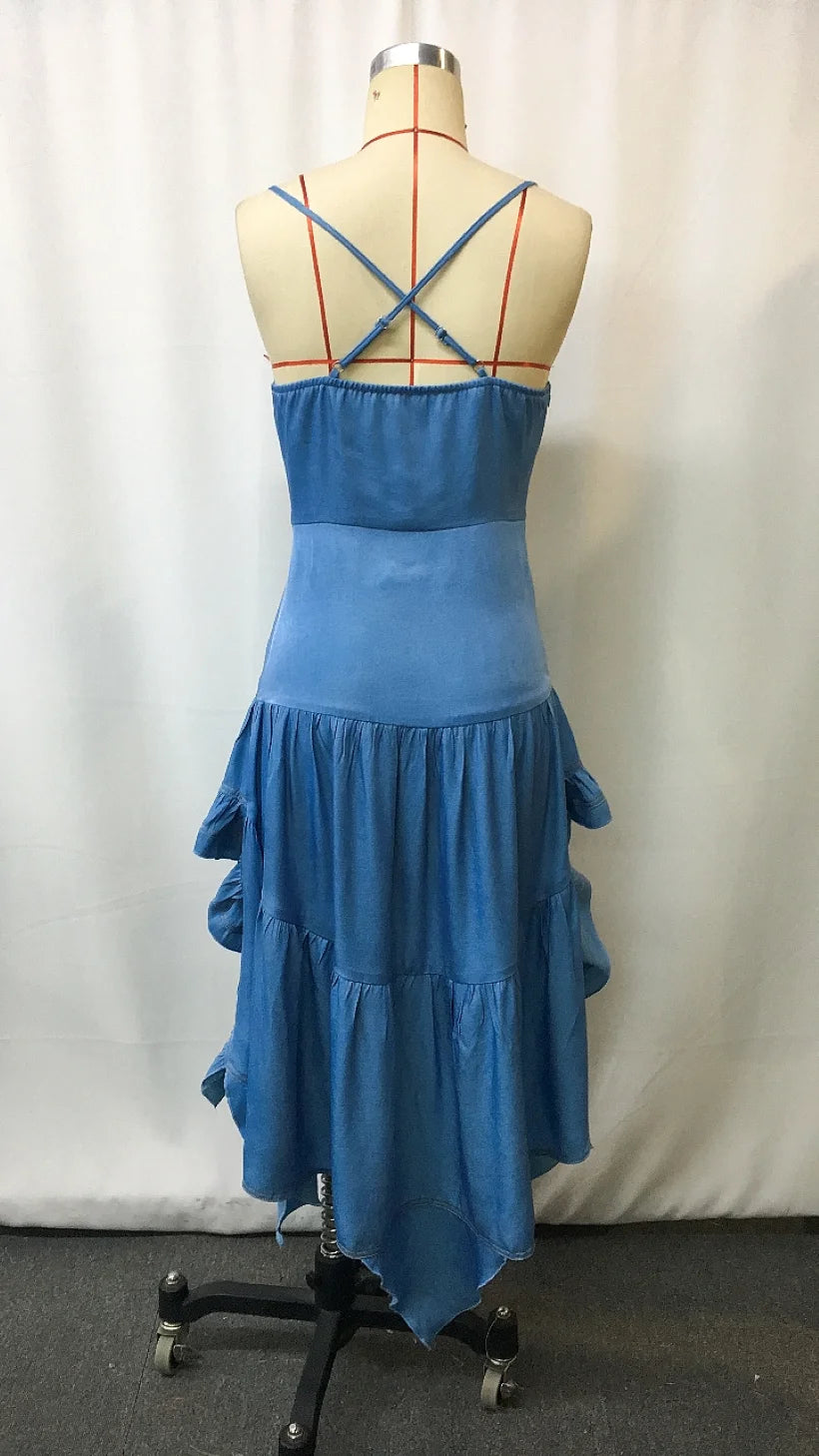Women's midi dress in retro western-style denim with a flared skirt and ruffles.