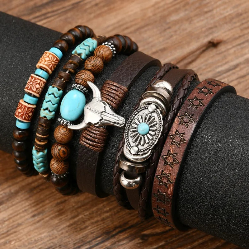 6pcs/Set Retro Western Cowboy Style Beaded Bracelets Bohemia Men Bracelets Women Jewelry