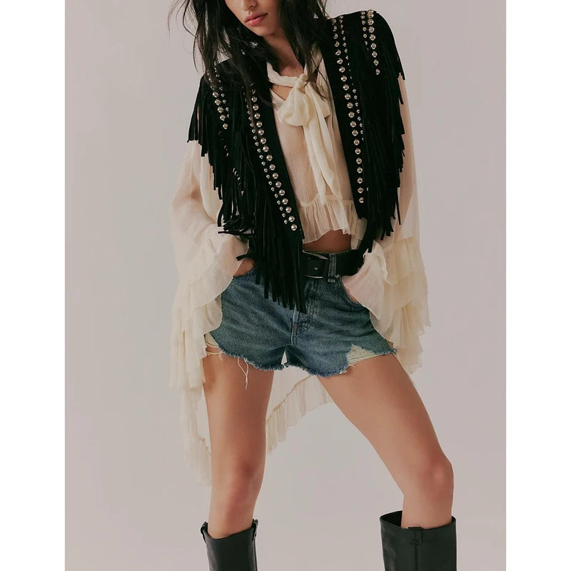 Women's Y2k Vintage Studded Suede Vest Coat 70s Hippie Outfits Sleeveless Open Front Tassel Patchwork Vest Collar