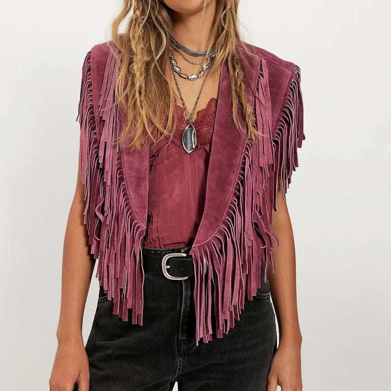 Women's suede vest with fringe.