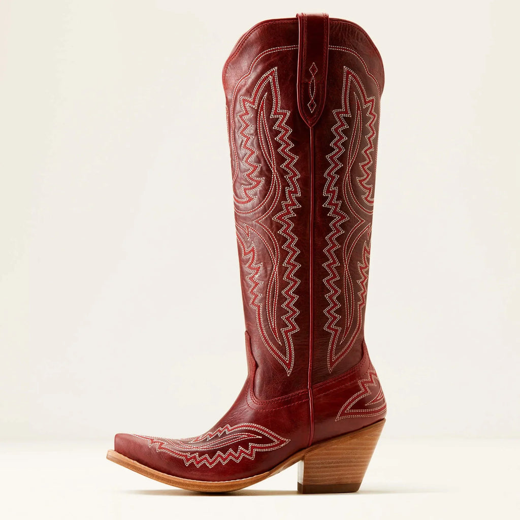 Women's mid-calf boots with pointed toe and chunky high heel, embroidered, in a Western cowboy style, for autumn and winter.