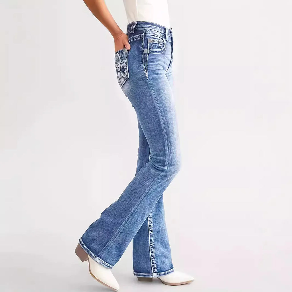 Women's straight-leg jeans, high-waisted, vintage style.