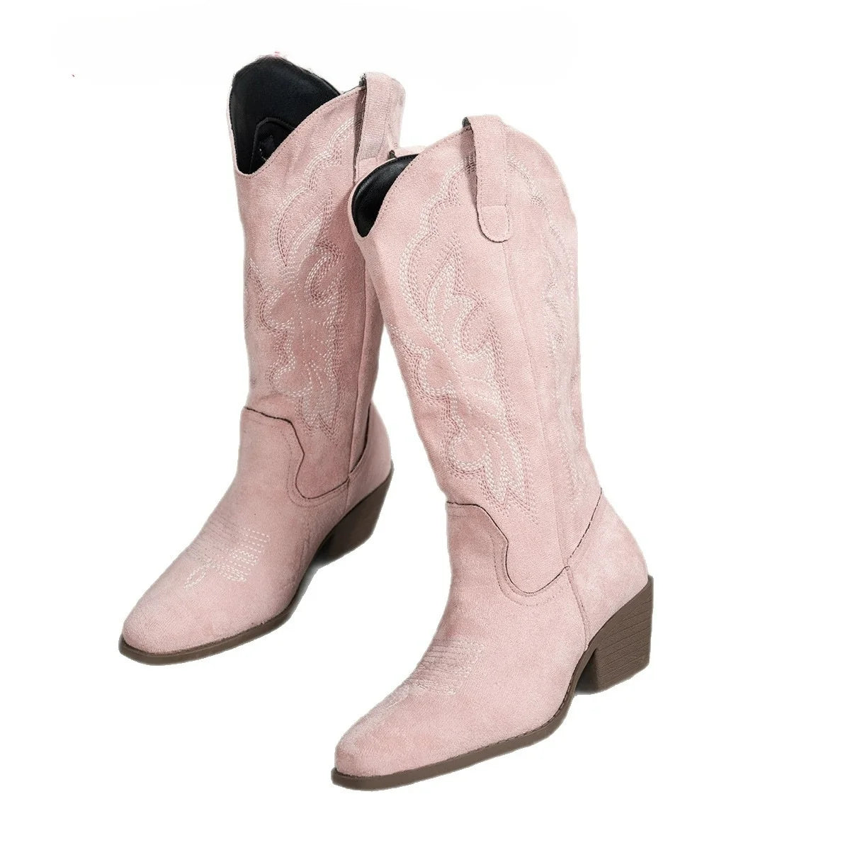 Embroidered western-style cowboy boots, high-top boots with a pointed toe and chunky heel.