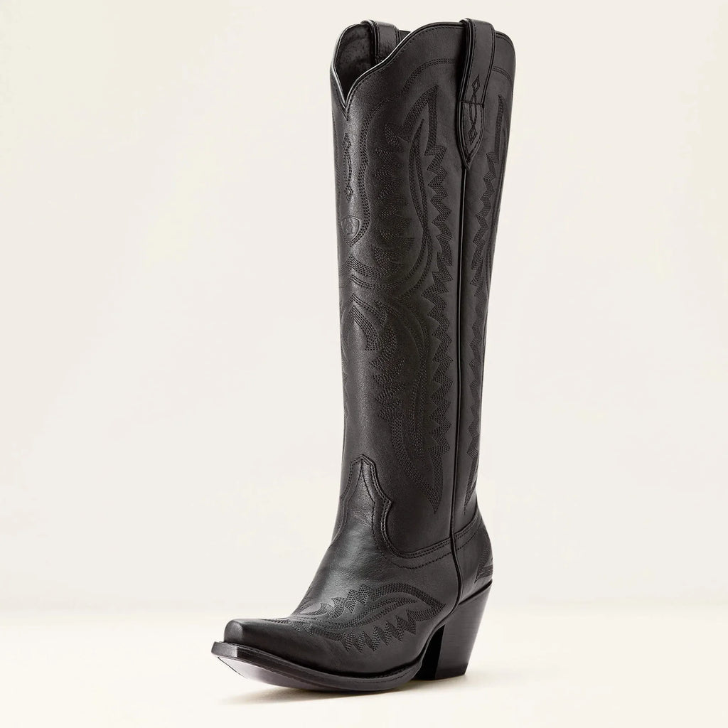 Women's mid-calf boots with pointed toe and chunky high heel, embroidered, in a Western cowboy style, for autumn and winter.