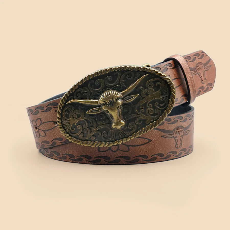 Casual retro Western-style belt with aged metal alloy bullhead buckle.