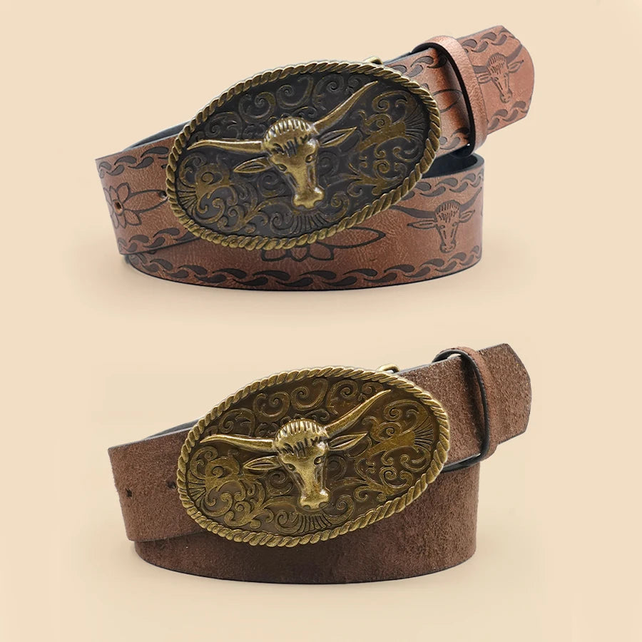 Casual retro Western-style belt with aged metal alloy bullhead buckle.