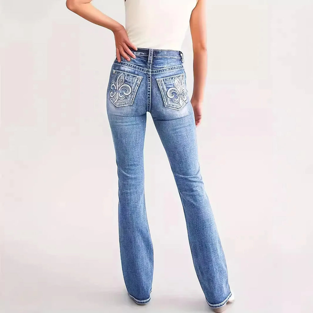 Women's straight-leg jeans, high-waisted, vintage style.