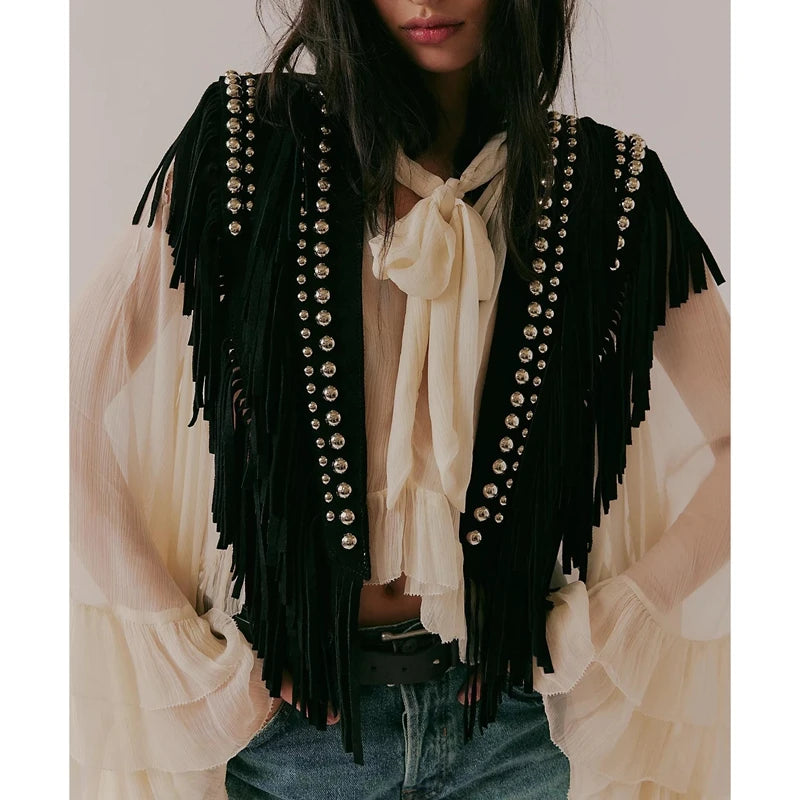Women's Y2k Vintage Studded Suede Vest Coat 70s Hippie Outfits Sleeveless Open Front Tassel Patchwork Vest Collar