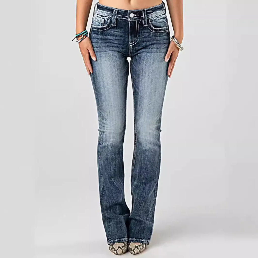 Women's jeans with embroidered pockets, distressed effect, mid-rise waist, slim fit, vintage style.