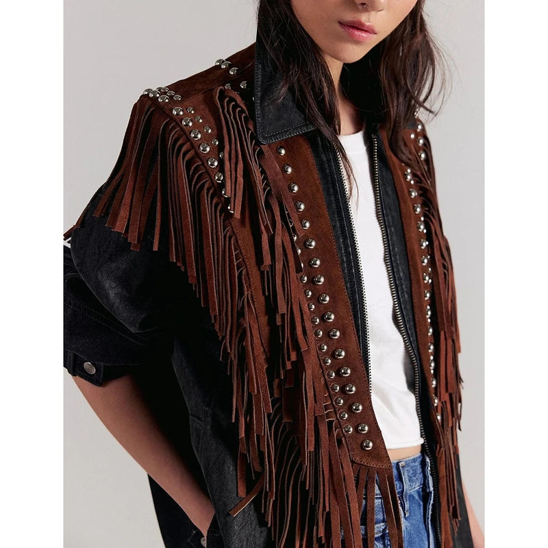 Women's Y2k Vintage Studded Suede Vest Coat 70s Hippie Outfits Sleeveless Open Front Tassel Patchwork Vest Collar