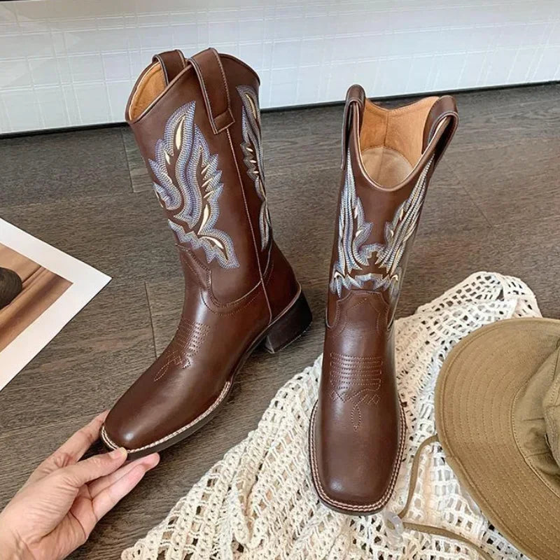 Women's retro mid-calf boots with a square toe and chunky heel.
