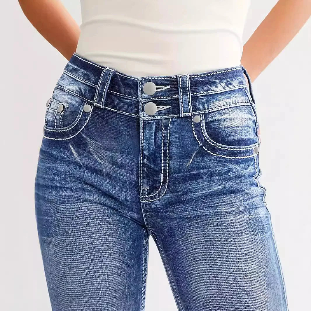 Women's straight-leg jeans, high-waisted, vintage style.